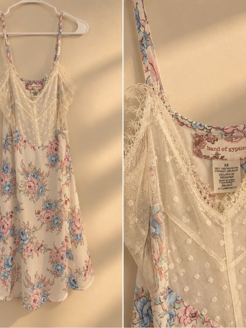 Band of Gypsies Cream Floral Lace-Trim Chemise with Pink & Blue Flowers